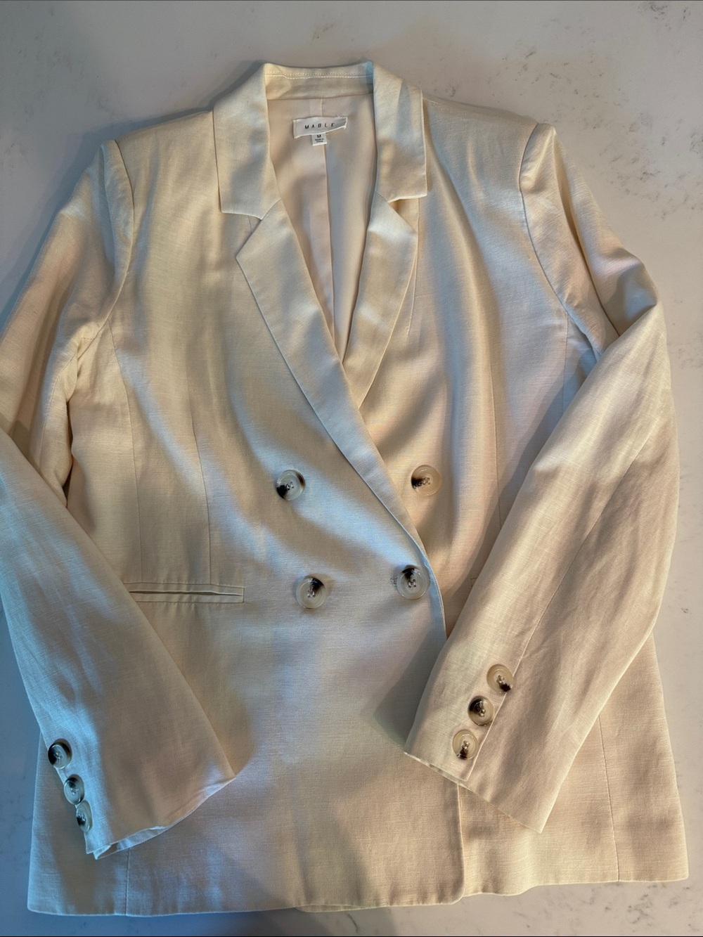 Mable Cream Double-Breasted Linen-Blend Blazer